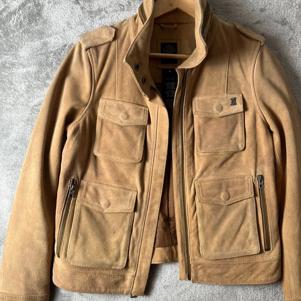 Harley Davidson Women’s Tan Leather Suede Moto Jacket Size M Biker Baddie Zipper - Picture 2 of 9
